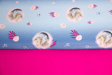 Stoffpaket Jersey + Bündchen mit Pferden, blau, pink